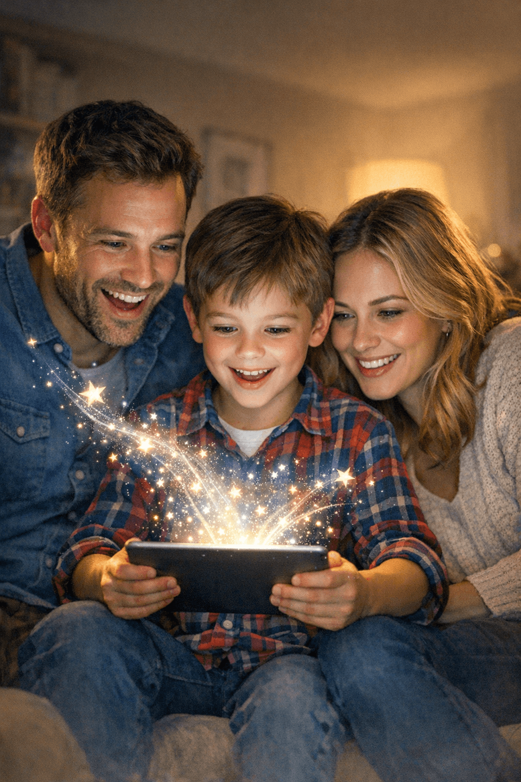 Familie hört gemeinsam eine Gute-Nacht-Geschichte